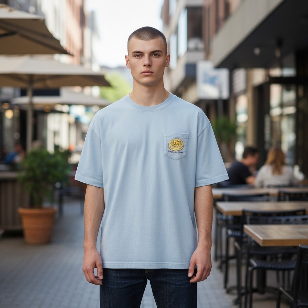 Comfort Colors Chi Omega Waffles for Wishes 2023 Pocket T-Shirt Light Blue Large